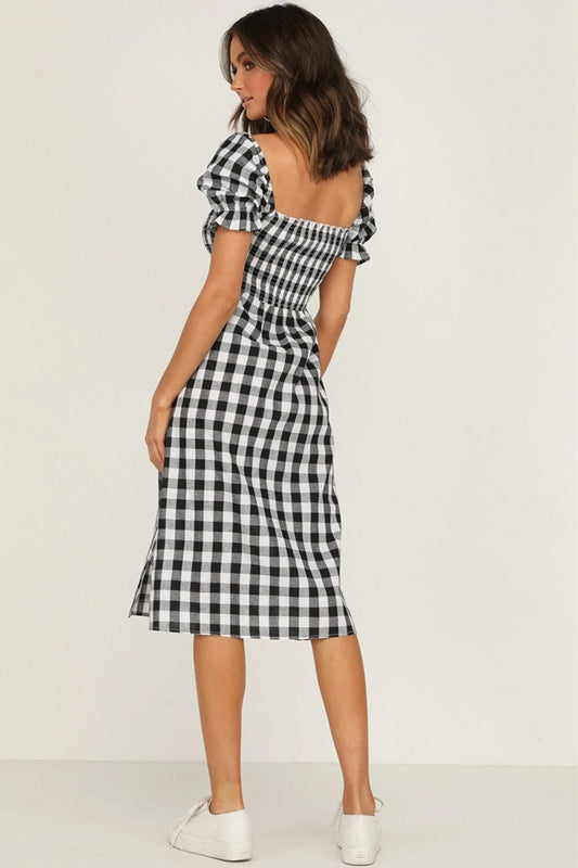 Plaid Perfection Puff Sleeve Midi Dress with Slit