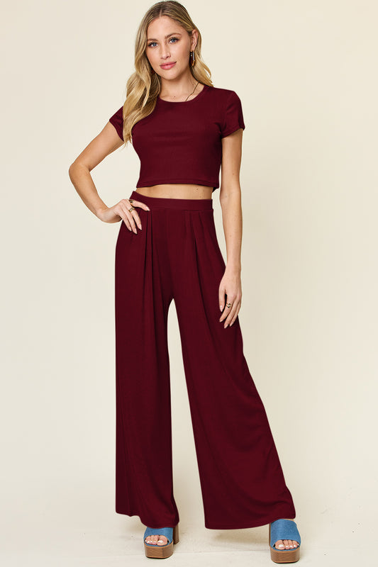 Casual Crop Short Sleeve Top and Wide Leg Pant Set