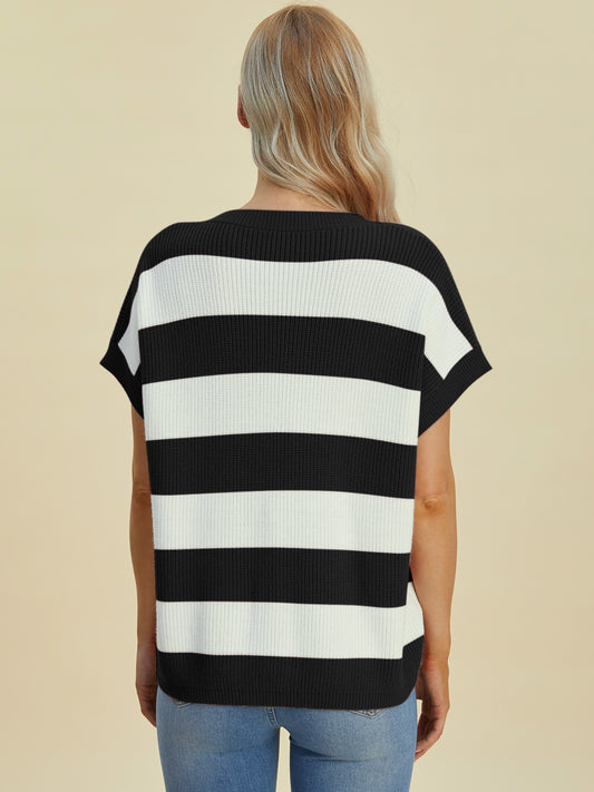 Color Block Classic Striped V-Neck Short Sleeve Sweater