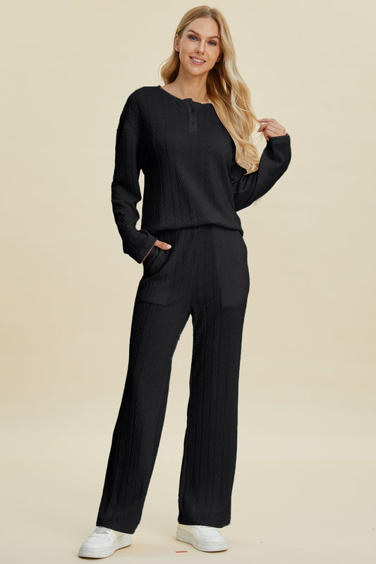 Chill Nights Cable-Knit Henley Long Sleeve and Pants Lounge Set