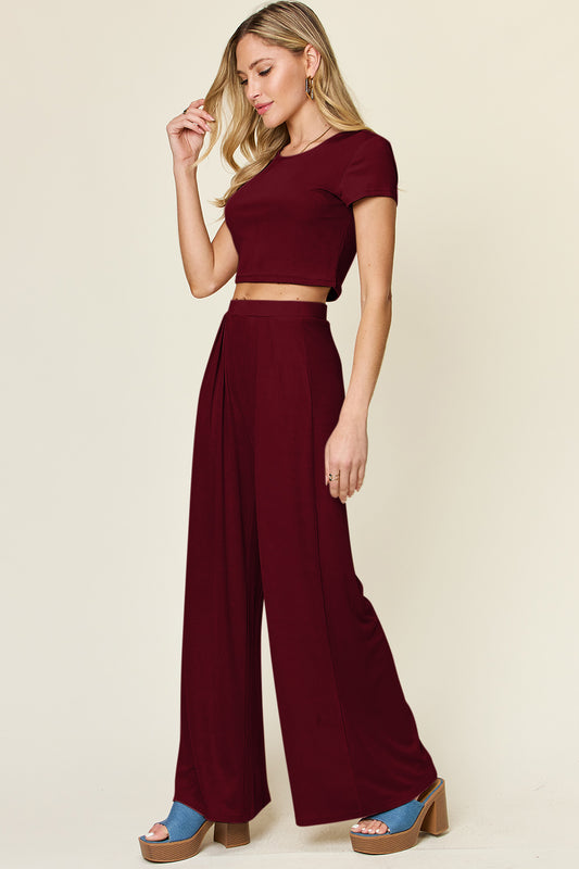 Casual Crop Short Sleeve Top and Wide Leg Pant Set