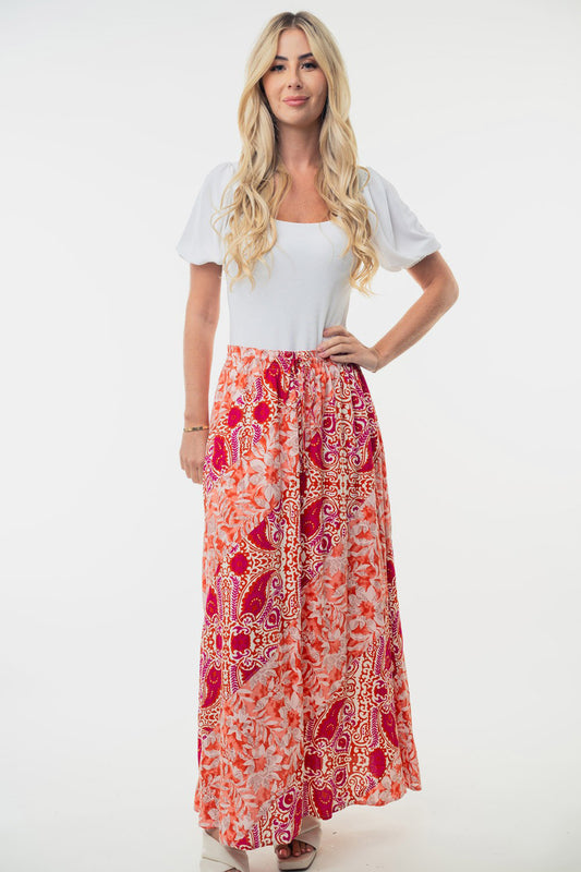 Orange Multi-Color High Waisted Floral Woven Maxi Skirt