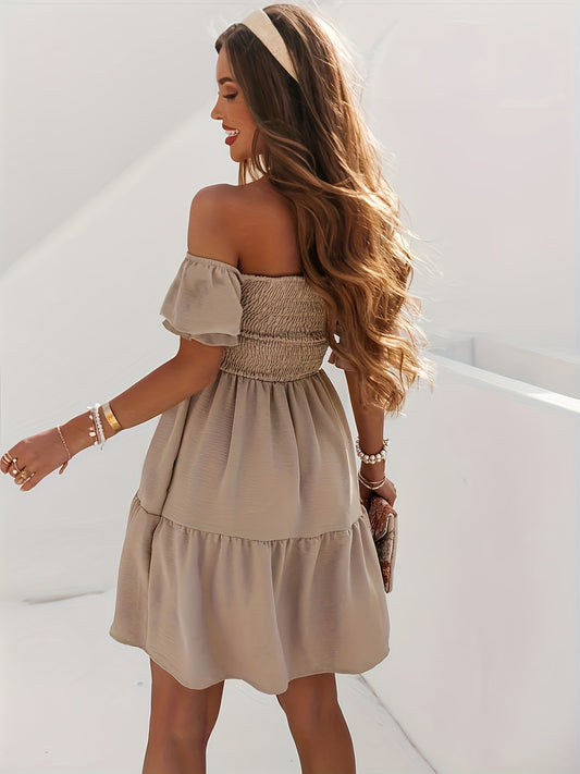 Ruffled Romance Off-Shoulder Short Sleeve Mini Dress