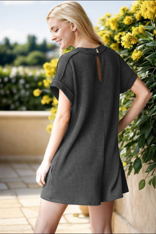 Cozy Casual Short Sleeve Ribbed Romper with Pockets