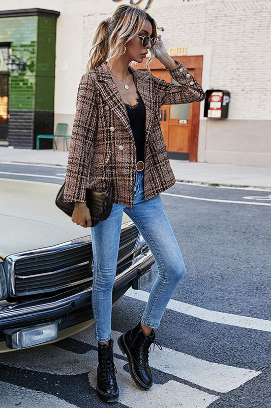 City Chic Heathered Plaid Buttoned Blazer