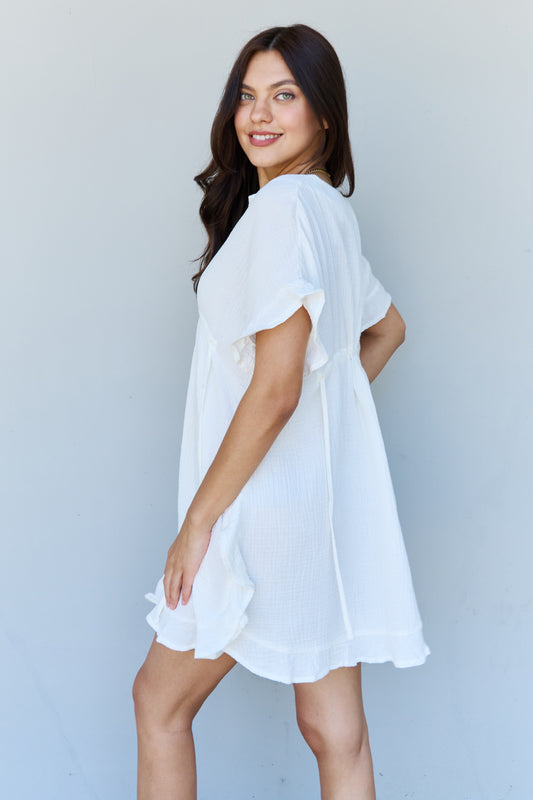 Whimsical White Ruffle Hem Dress with Drawstring Waistband