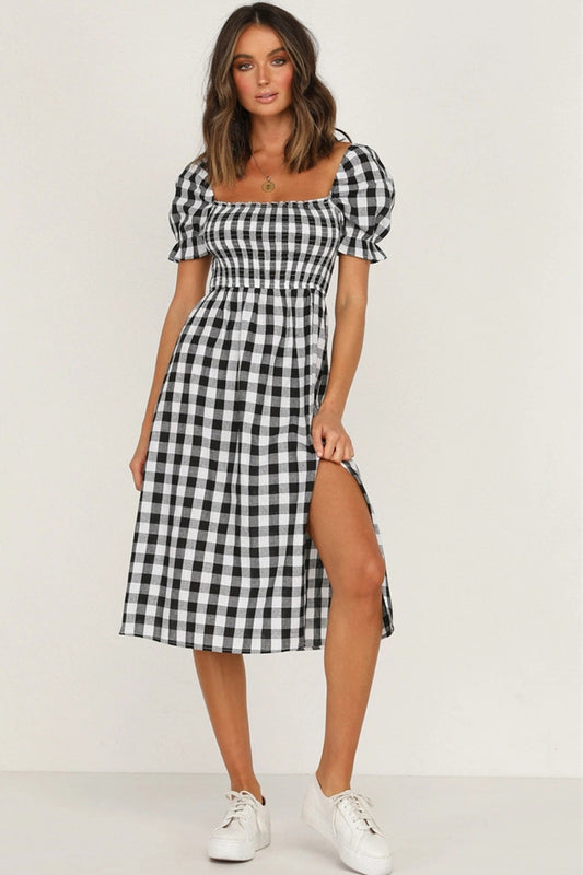 Plaid Perfection Puff Sleeve Midi Dress with Slit