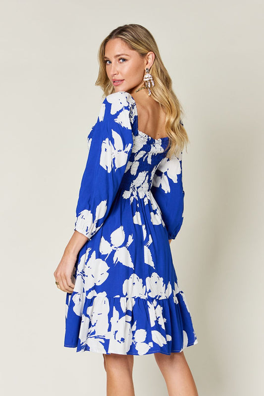 Standout Blue Floral Smocked Dress with Pockets