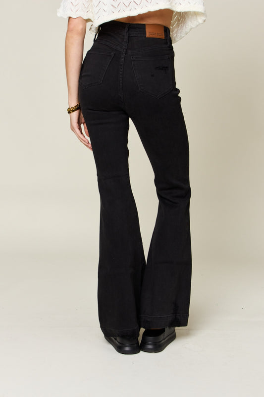 Judy Blue Comfort Stretch High-Waisted Black Distressed Flare Jeans