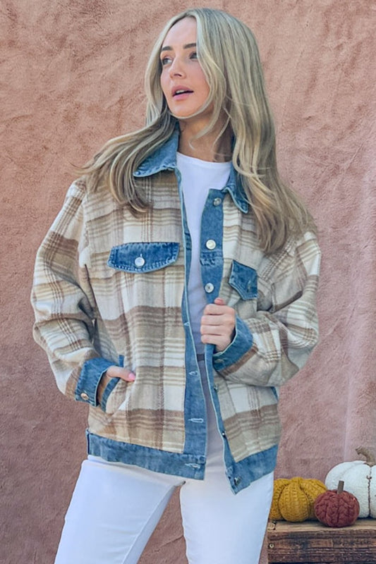 Vintage Fusion Washed Denim Brushed Plaid Jacket