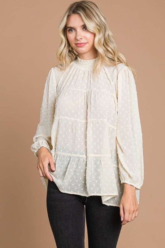 Romantic Charm Swiss Dot Smocked Mock Neck Blouse