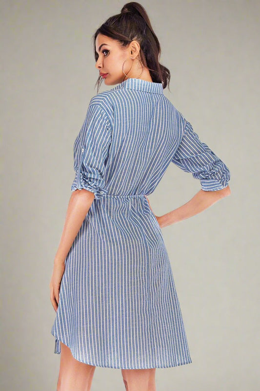 Collared Confidence Roll-Tab Sleeve Striped Shirt Dress