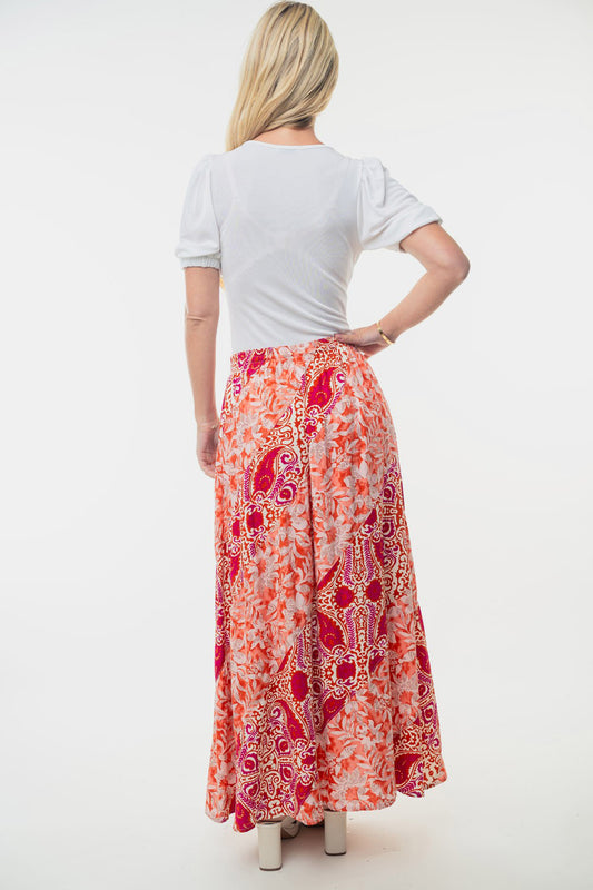 Orange Multi-Color High Waisted Floral Woven Maxi Skirt