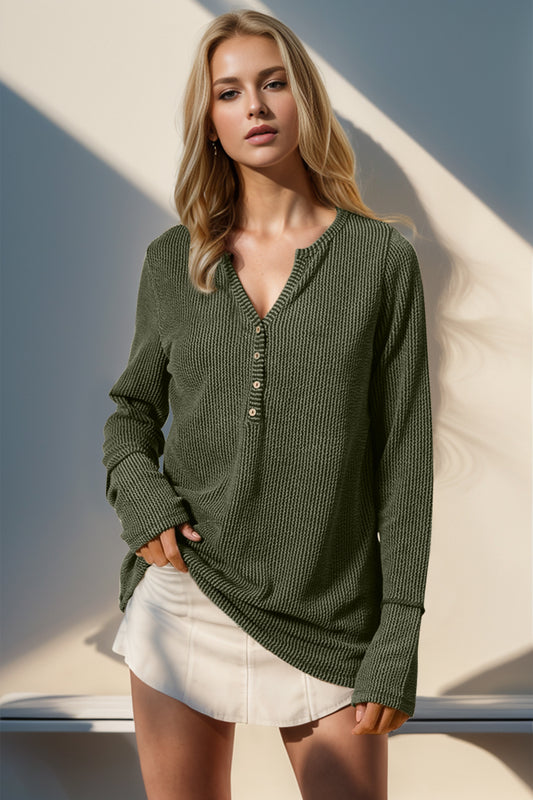 Slouch Fit Notched Thumbhole Henley Long Sleeve