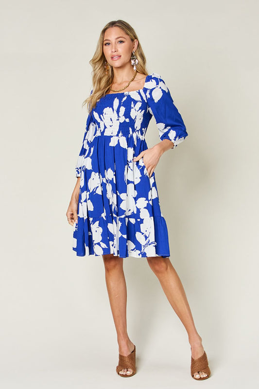 Standout Blue Floral Smocked Dress with Pockets