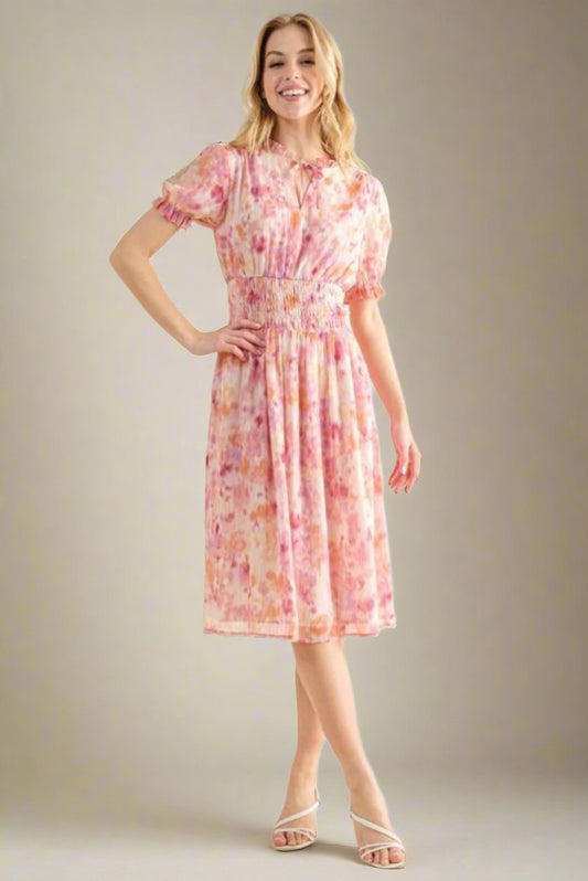 Vibrant Expression Smocked Midi Dress with Bow Detail