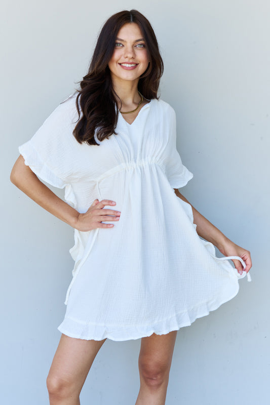 Whimsical White Ruffle Hem Dress with Drawstring Waistband