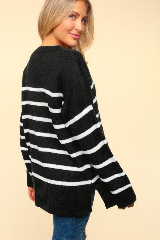 Classic Striped Black and White Side Slit Sweater