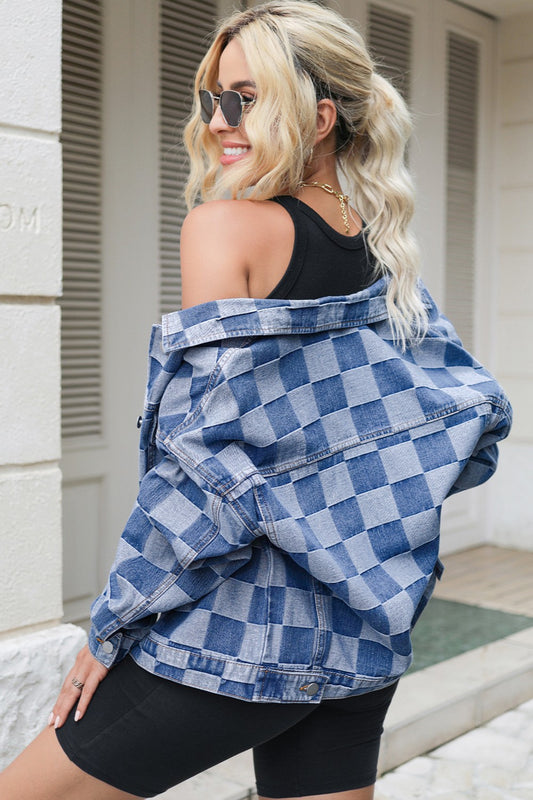 Two-Tone Blue Checkered Denim Jacket