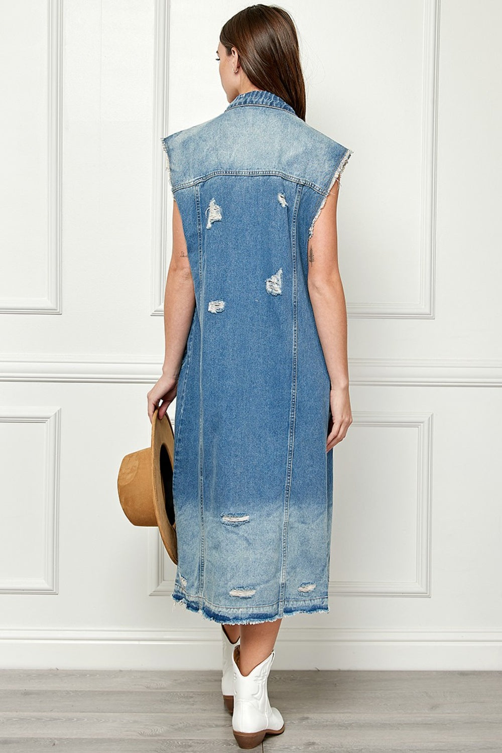 Veveret Distressed Sleeveless Longline Denim Jacket