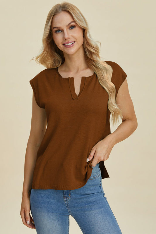 Urban Edge Notched Cap Sleeve Knit Top