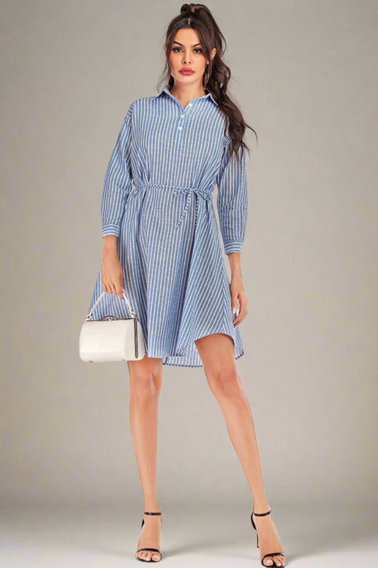 Collared Confidence Roll-Tab Sleeve Striped Shirt Dress