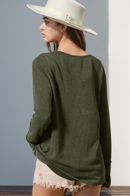 Slouch Fit Notched Thumbhole Henley Long Sleeve