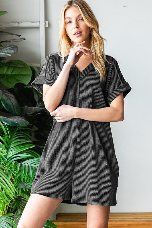 Cozy Casual Short Sleeve Ribbed Romper with Pockets